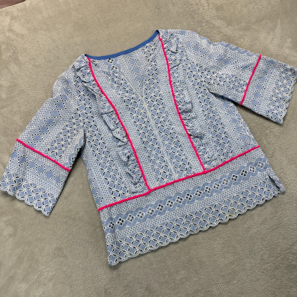 J.Crew Shirt Women's Small Eyelet Lace Blouse Blue Pink Pom Pom Ruffle Boho Chic